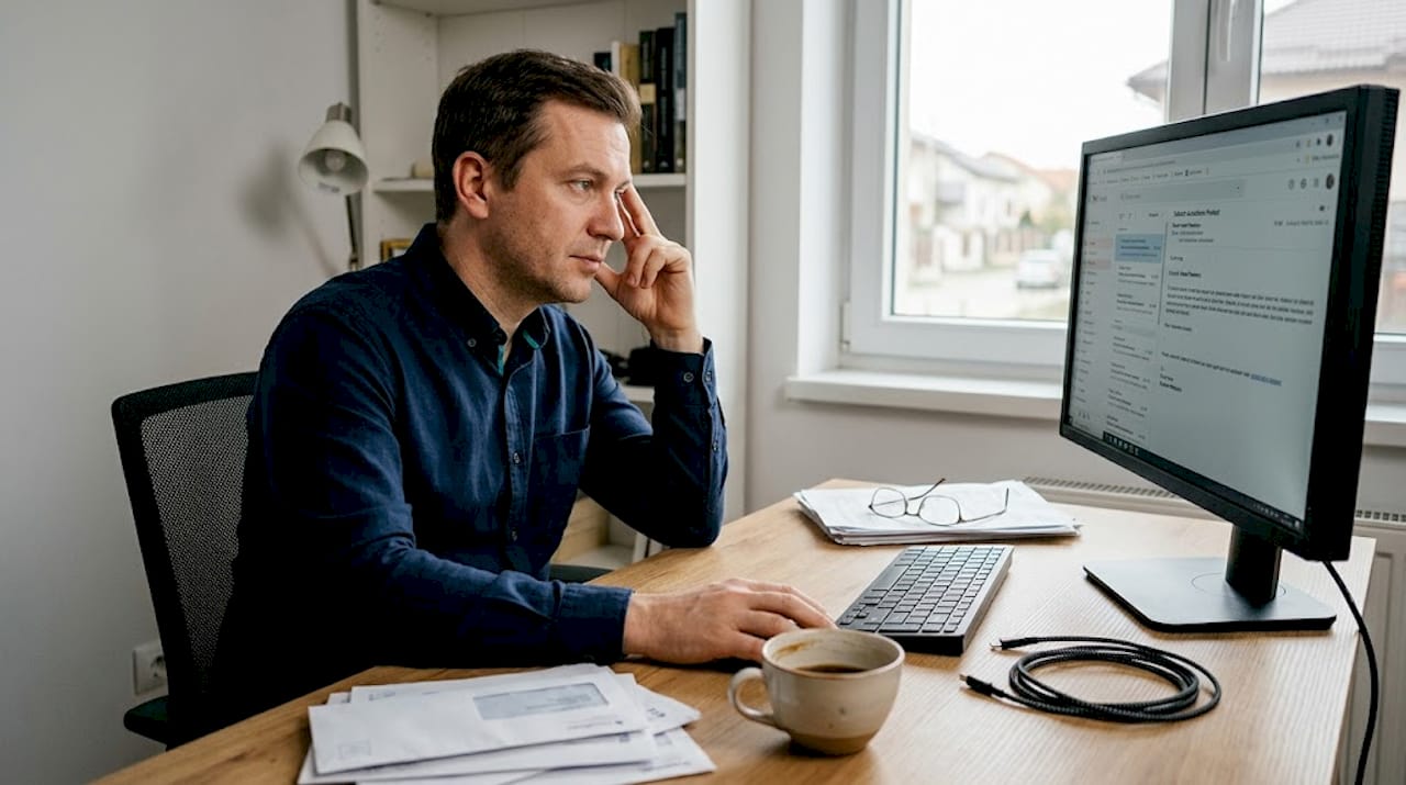 Bărbat copleșit de stres la birou, înconjurat de obiectele obișnuite de zi cu zi