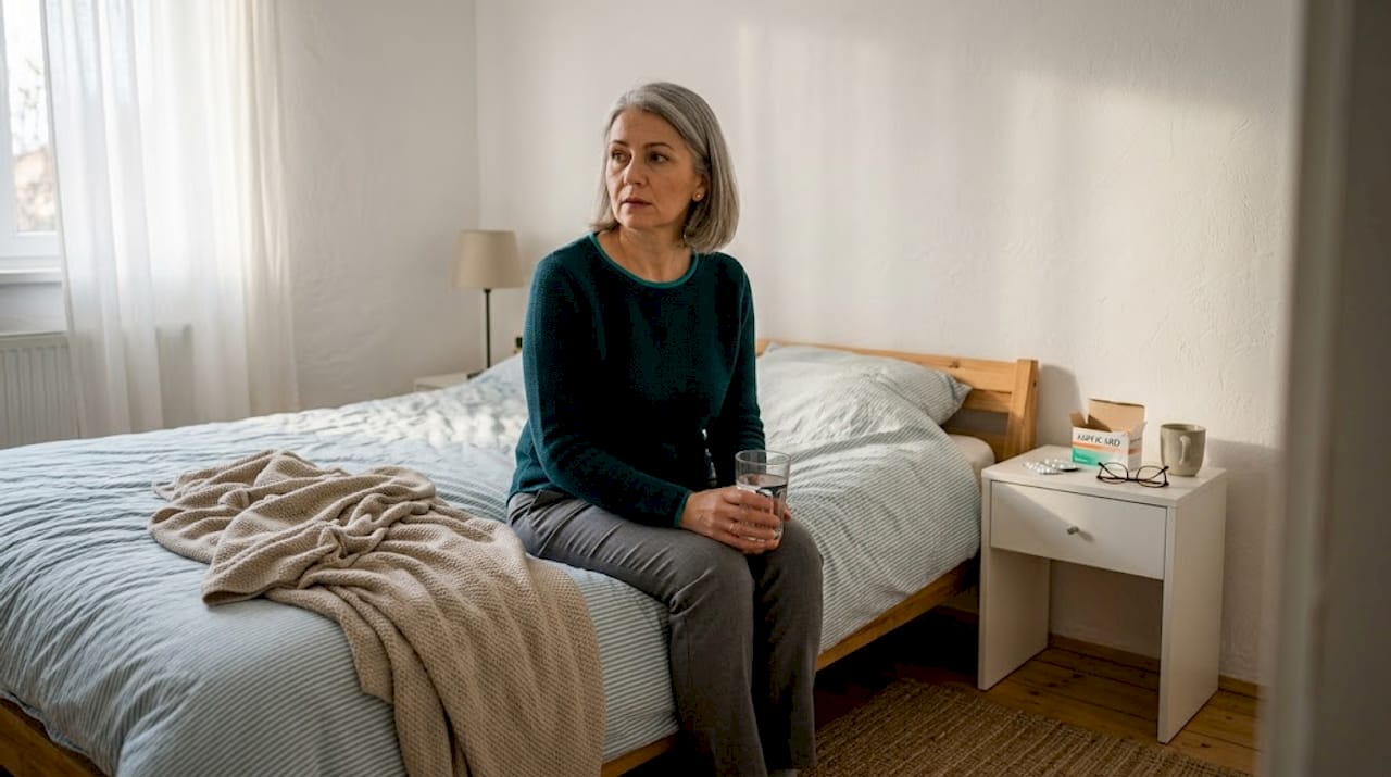 O femeie absorbită în gânduri, stând în dormitor și ținând un pahar cu apă în mână.
