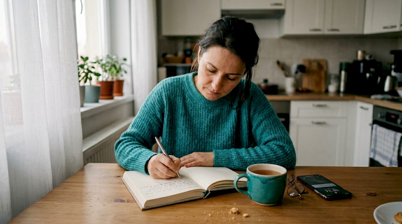 O femeie își consemnează acasă simptomele într-un caiet personal.