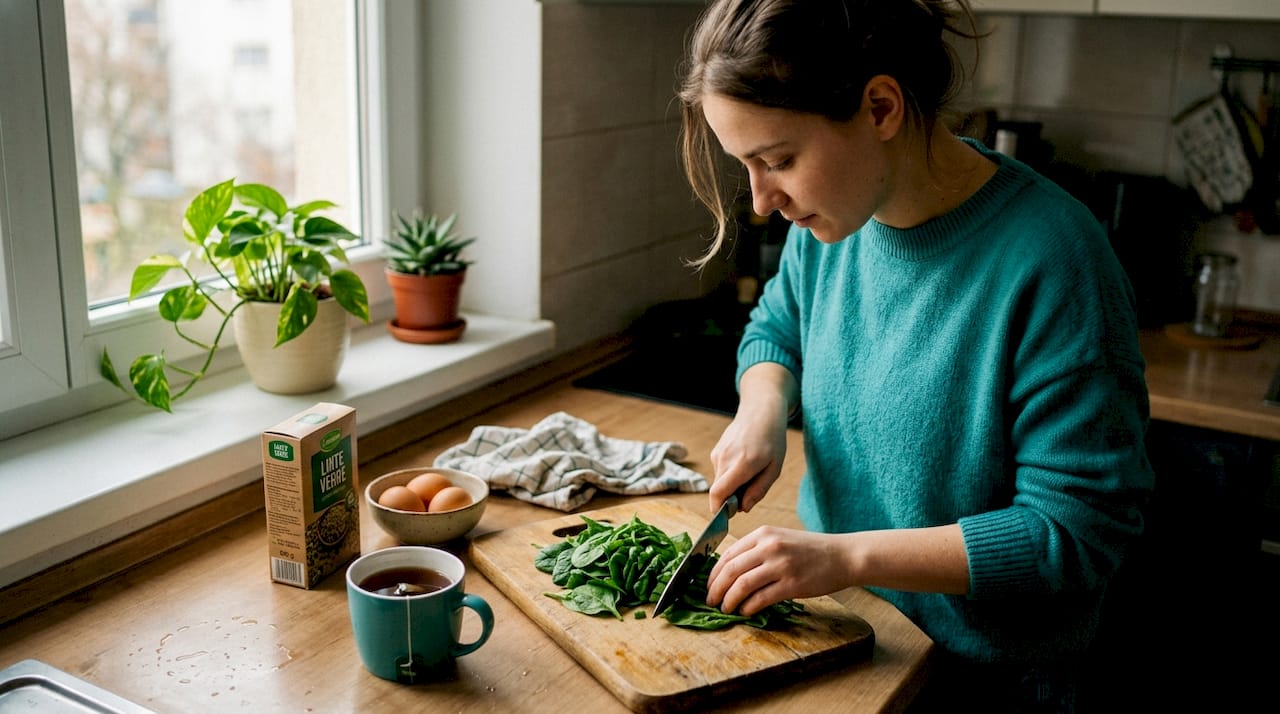 O tânără gătește o masă sănătoasă în bucătărie.