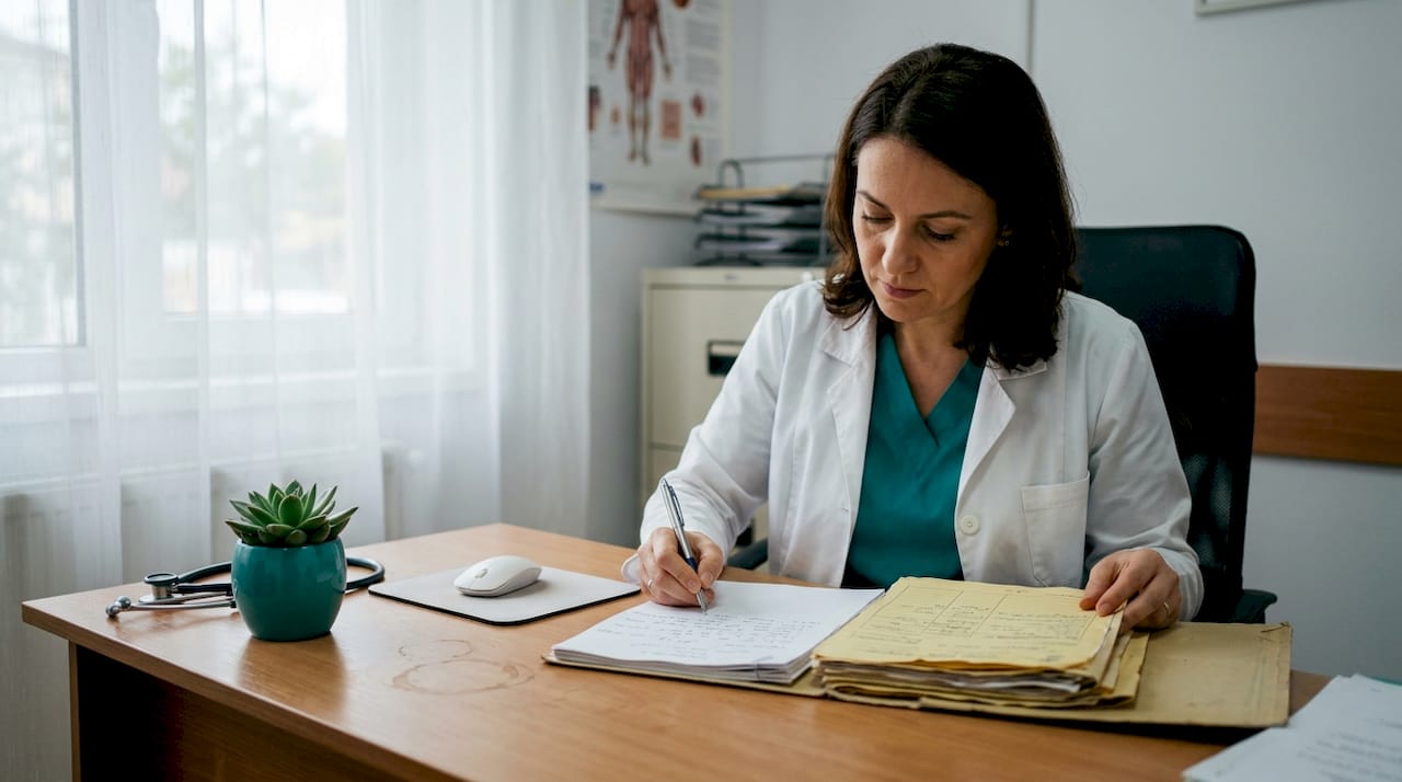 Endocrinologul completează fișa medicală a pacientului în timpul consultației.