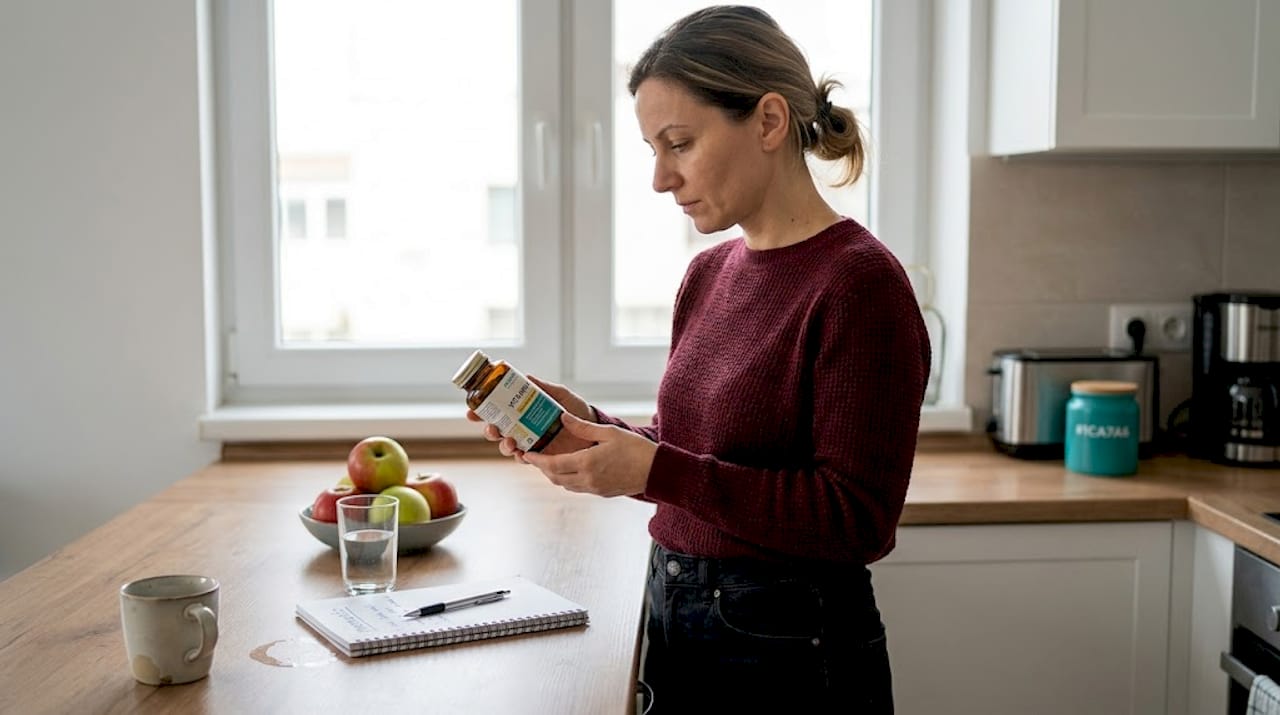 Femeie care citește cu atenție eticheta unui supliment alimentar în bucătărie