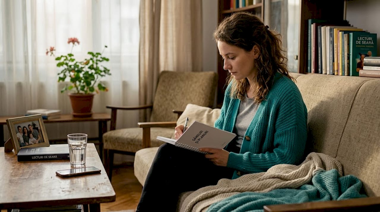 O femeie își notează simptomele, relaxată în sufragerie.