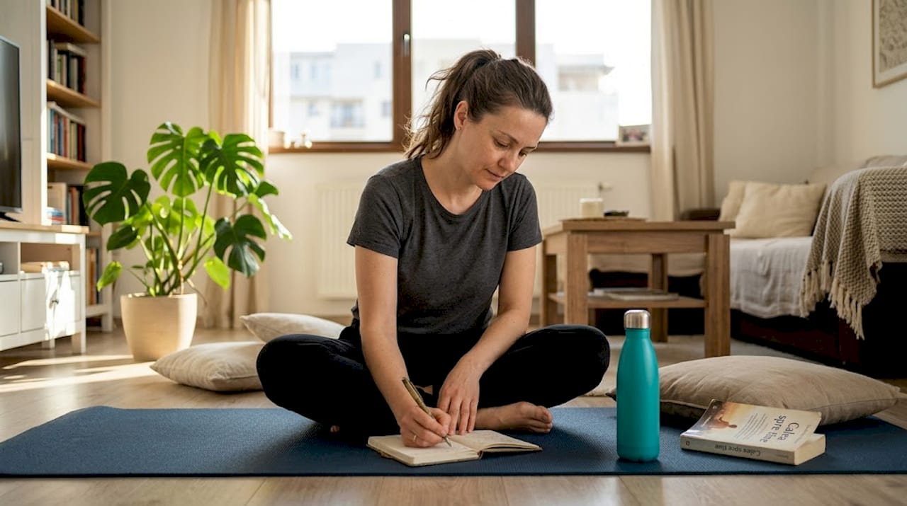 O femeie își notează gândurile în jurnal, așezată pe salteaua de yoga din sufragerie.