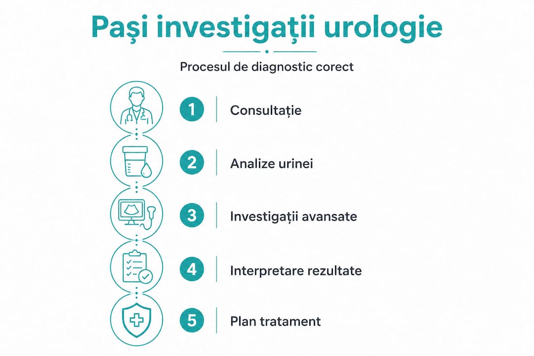 Infografic cu pașii investigațiilor urologice