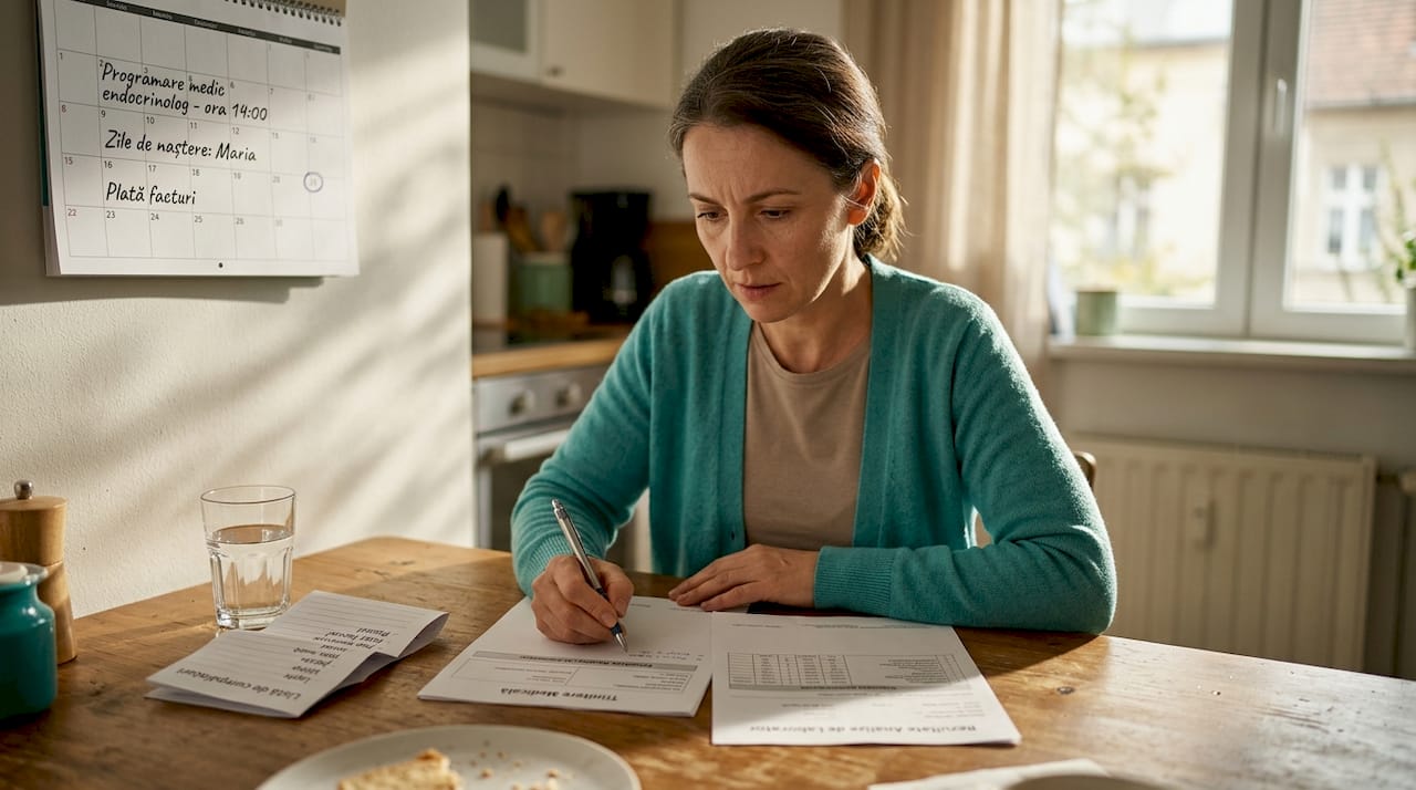 O femeie răsfoiește la masă materiale informative despre sănătatea digestivă.