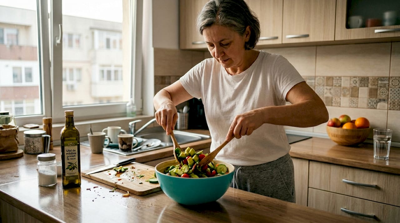 O femeie gătește în bucătărie o masă sănătoasă pentru familie.