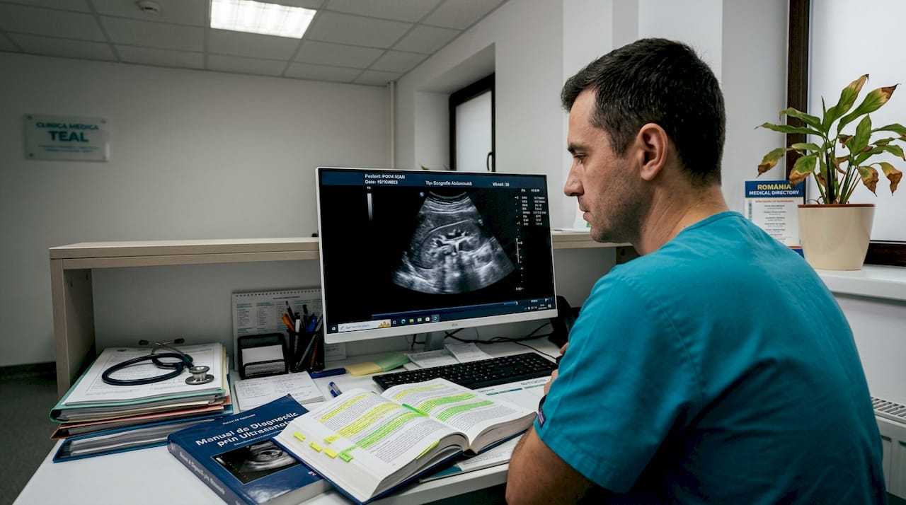 Medicul analizează ecografia într-un cabinet medical mic, atent la fiecare detaliu.