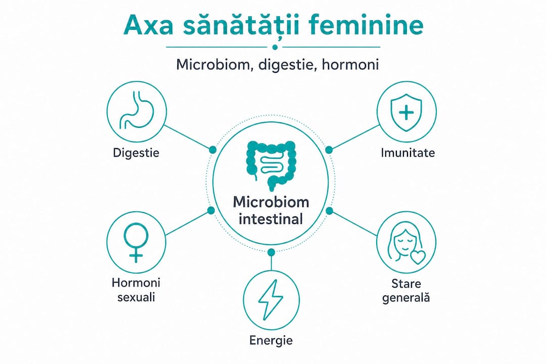 Infografic: legătura dintre microbiom, sănătatea intestinală și echilibrul hormonal la femei