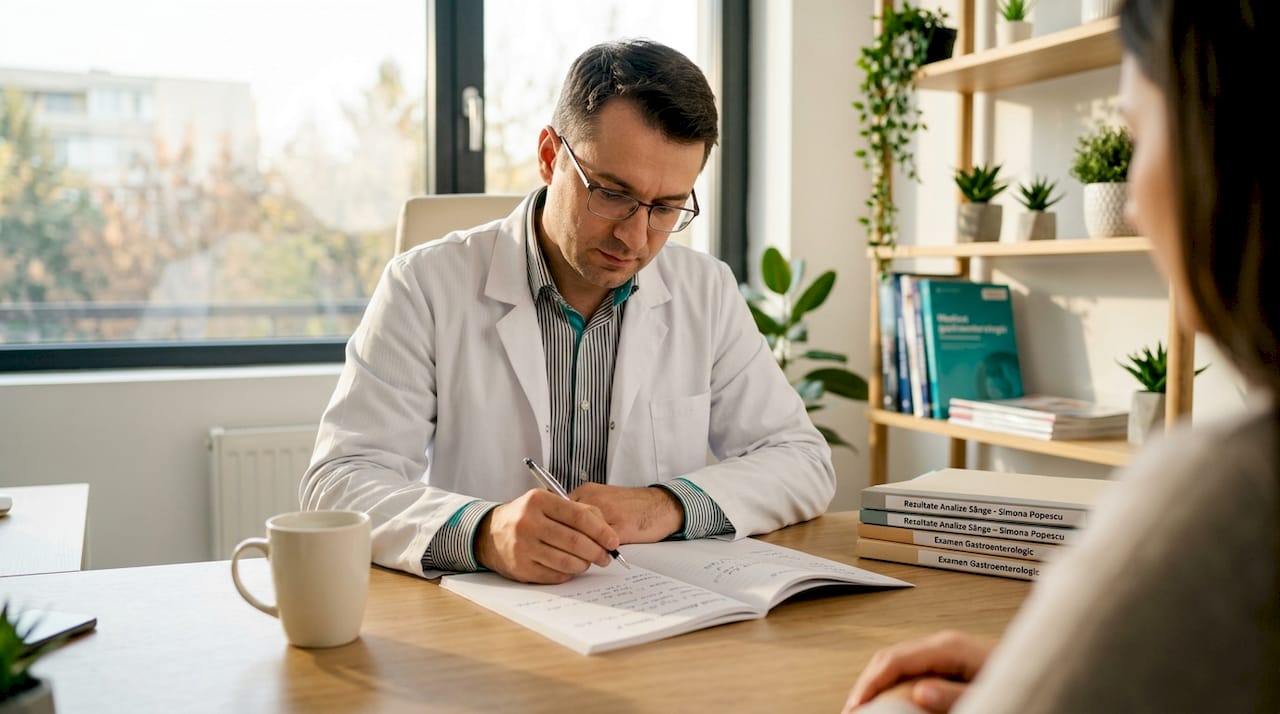 Gastroenterologul analizează jurnalul alimentar al pacientului pentru a înțelege mai bine obiceiurile și eventualele probleme digestive.