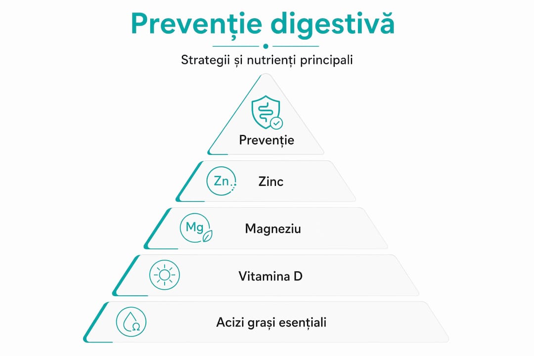 Infografic: nutrienții esențiali care ajută la prevenirea problemelor digestive, prezentați ierarhic