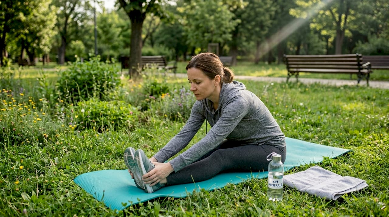 O femeie face exerciții de întindere pe o saltea de yoga, într-un parc, bucurându-se de aerul curat și liniștea naturii.