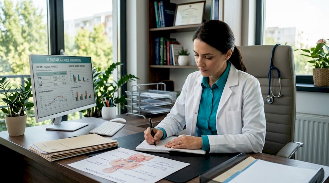 Medicul endocrinolog își notează observațiile despre tiroidă la birou.