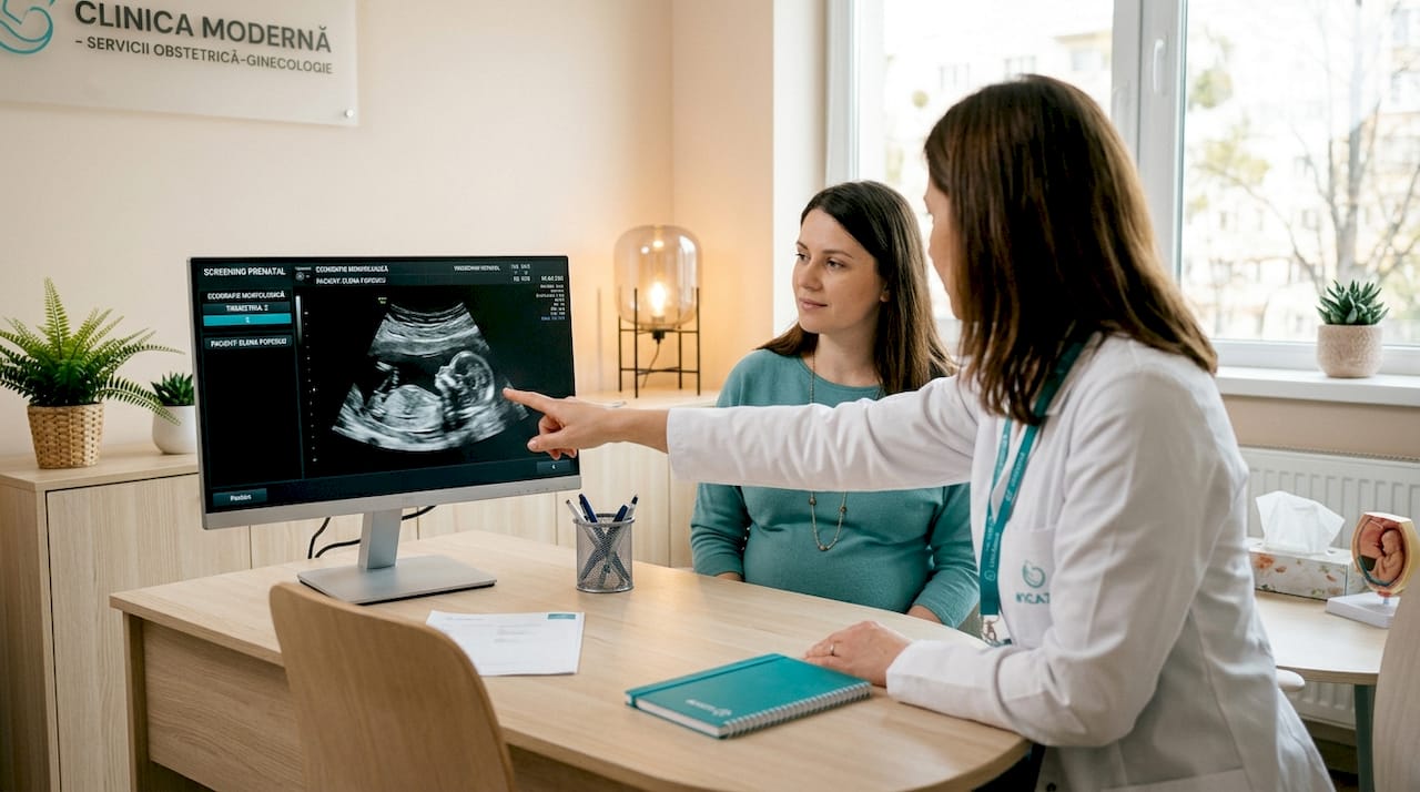 Medicul îi explică viitoarei mame ce presupun testele de screening prenatal și de ce sunt importante pentru sănătatea bebelușului.