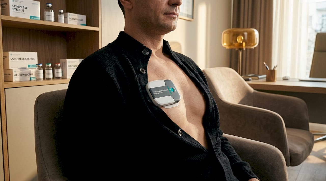 Imagine detaliată cu un plasture Holter ECG modern aplicat pe piept