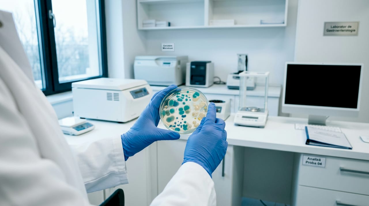 Două mâini echipate cu mănuși de laborator țin o cutie Petri pe care se pot observa colonii de bacterii.