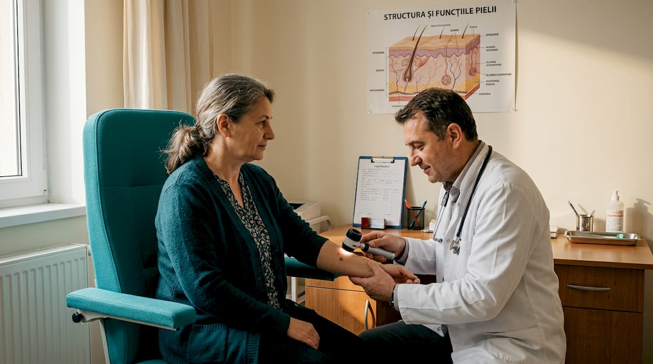 Medicul dermatolog analizează atent o leziune de pe pielea pacientului.