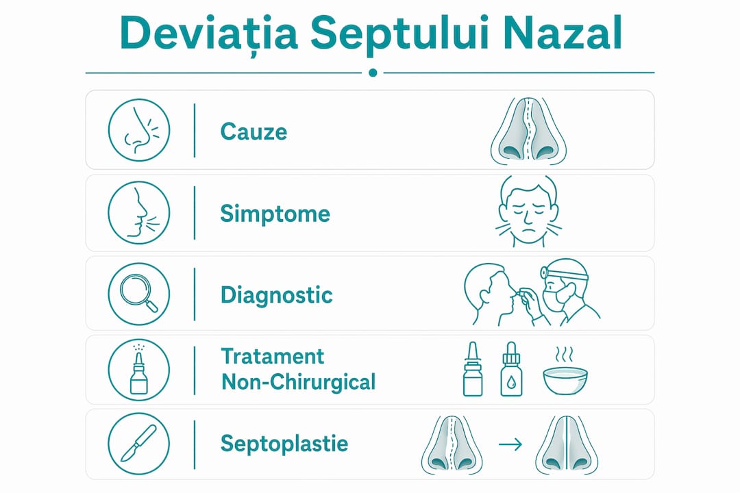 Infografic informativ despre deviația de sept nazal: cauze, manifestări, metode de diagnostic și opțiuni de tratament