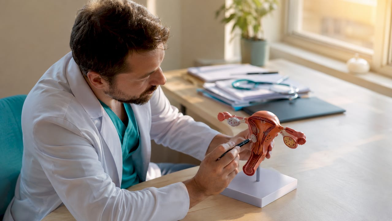 Mâinile unui specialist arată pe un model anatomic al aparatului reproducător cum apar sângerările cauzate de dezechilibre hormonale.