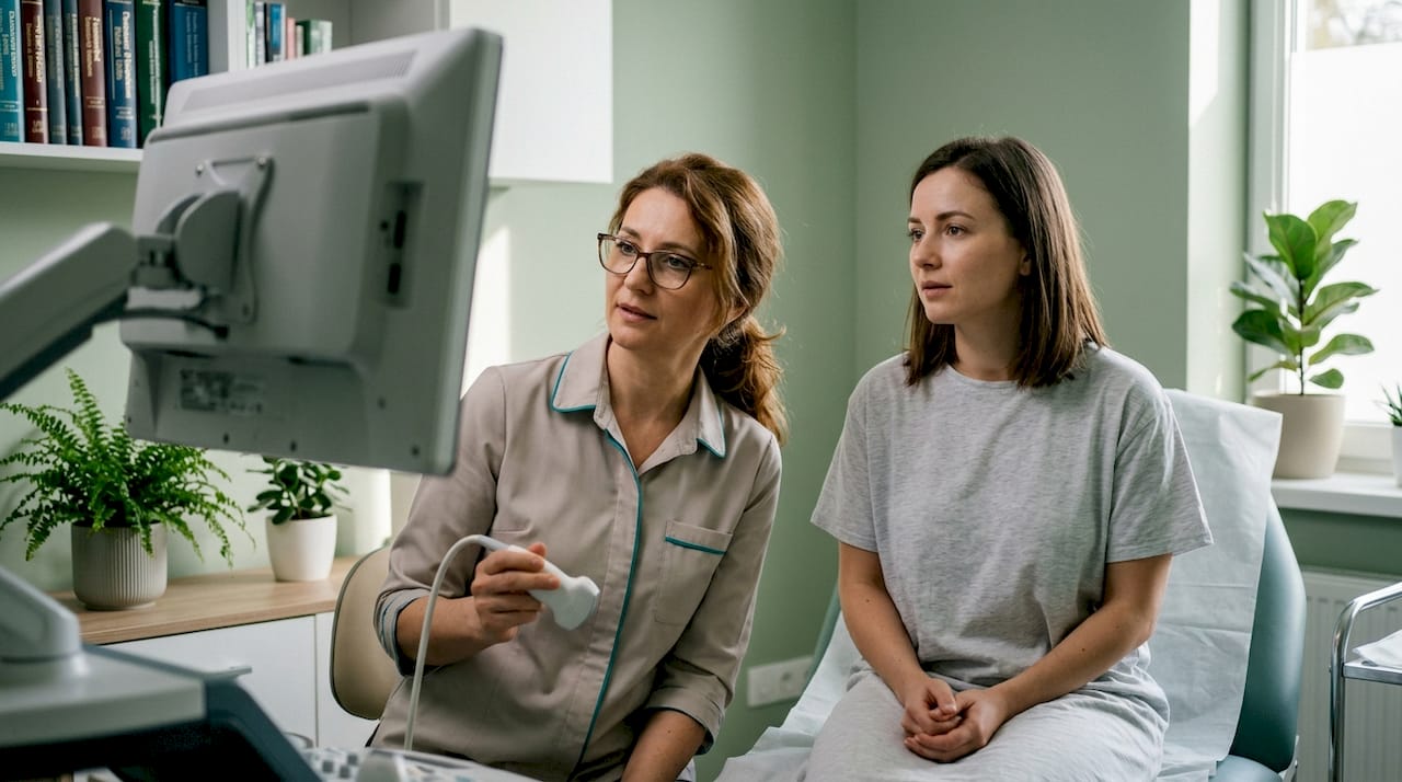 Medicul ginecolog îi realizează pacientei o ecografie pelviană.