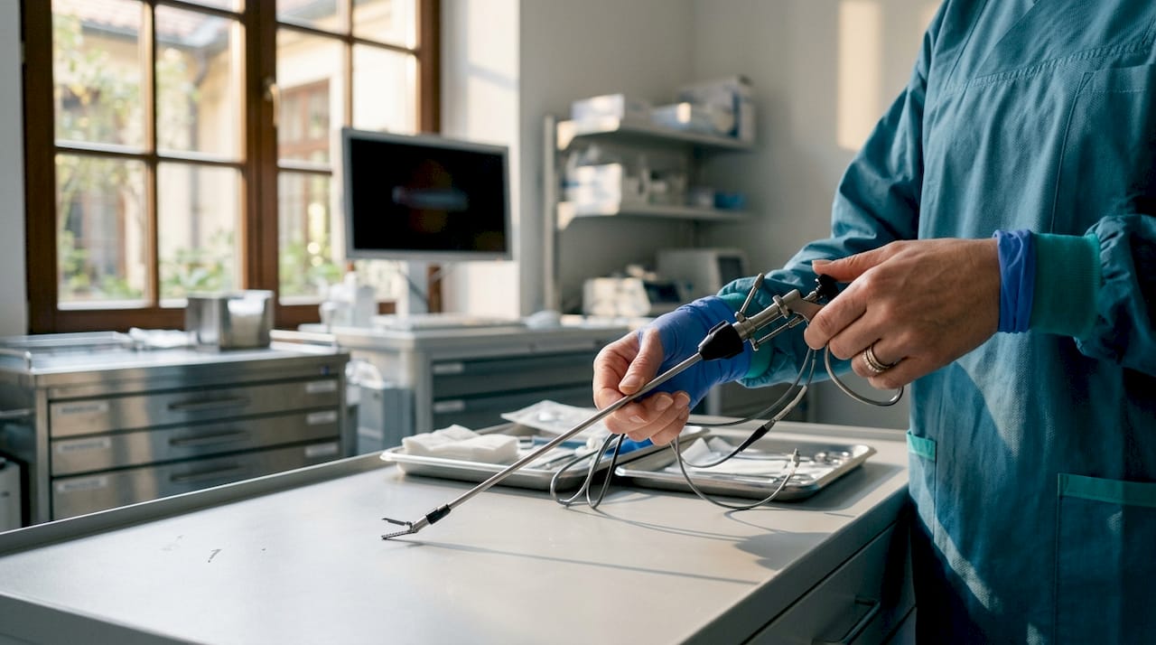 Medicul pregătit să folosească instrumentul ginecologic, ținându-l în mâini