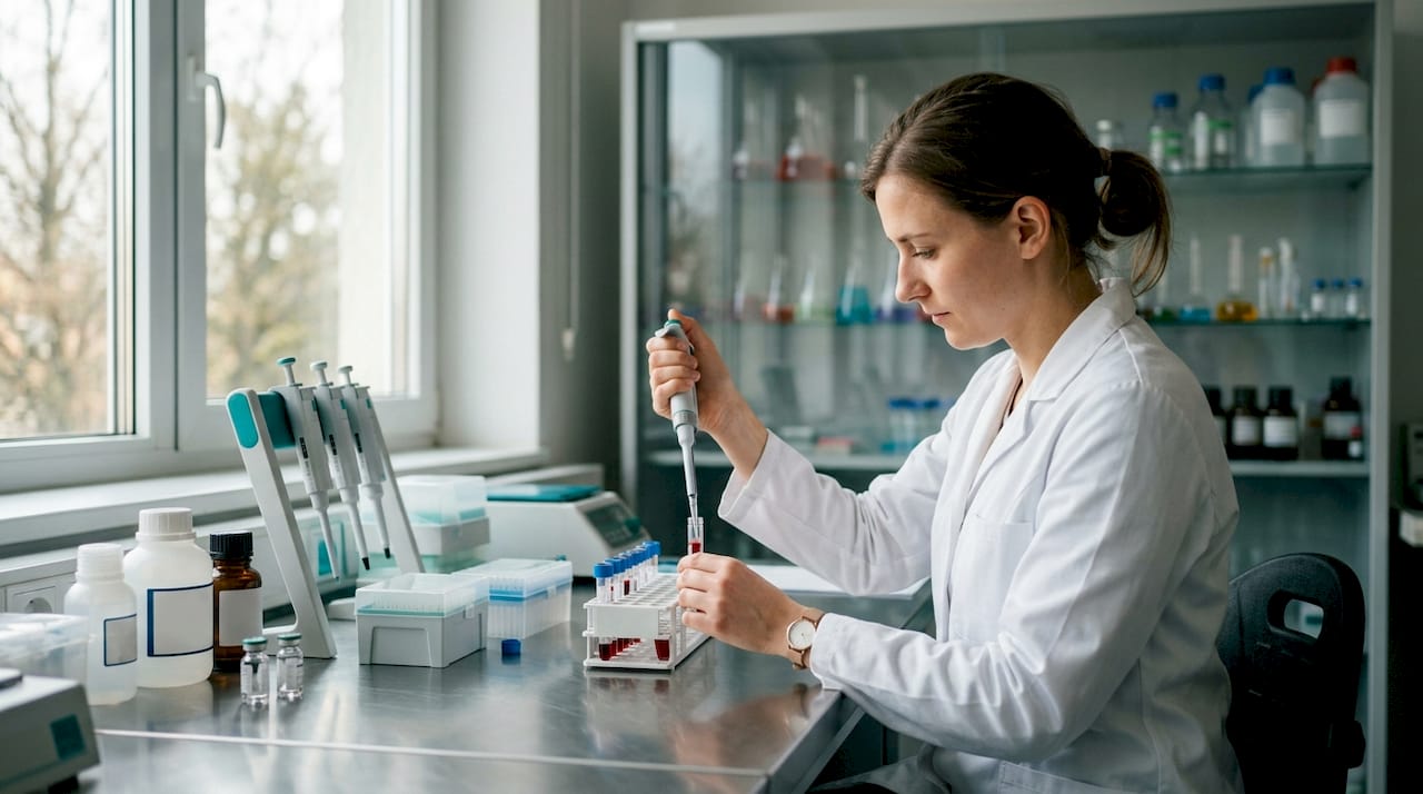 Specialiștii din laborator analizează probele de sânge cu atenție.