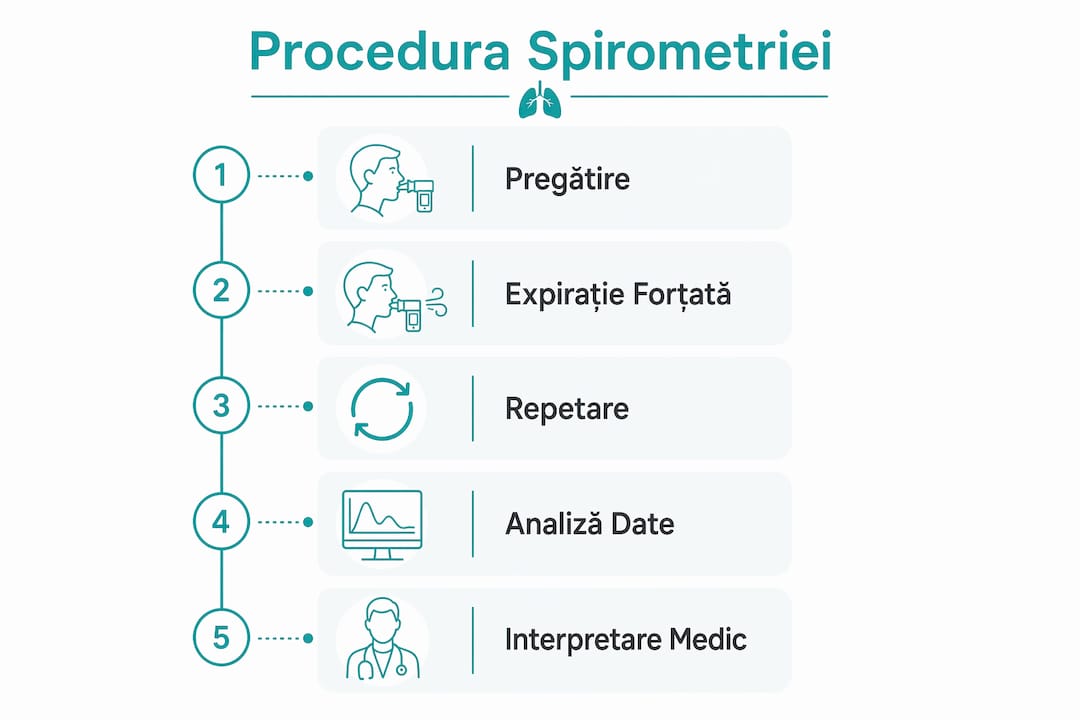 Infografic care explică, pas cu pas, cum se desfășoară procedura de spirometrie