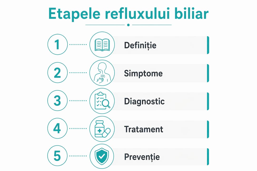 Infografic care ilustrează pașii prin care se manifestă refluxul biliar