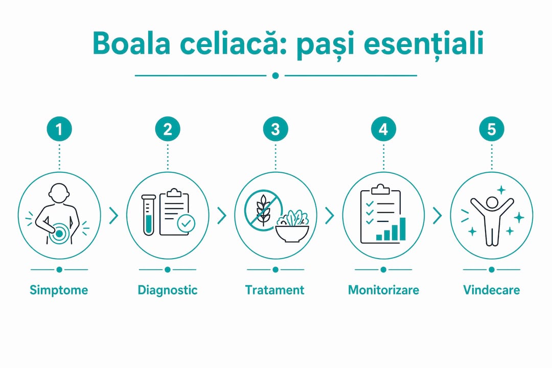 Infografic cu pașii esențiali pentru gestionarea bolii celiace