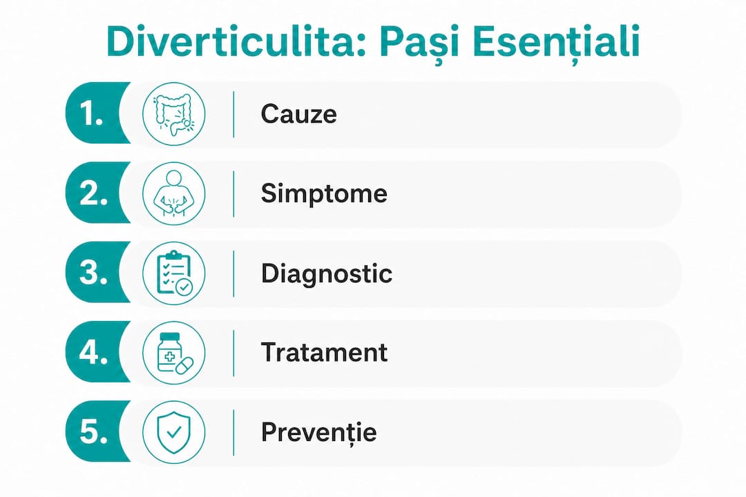 Infografic: tot ce trebuie să știi despre diverticulită – de la cauze și simptome, la diagnostic, tratament și recomandări pentru prevenție