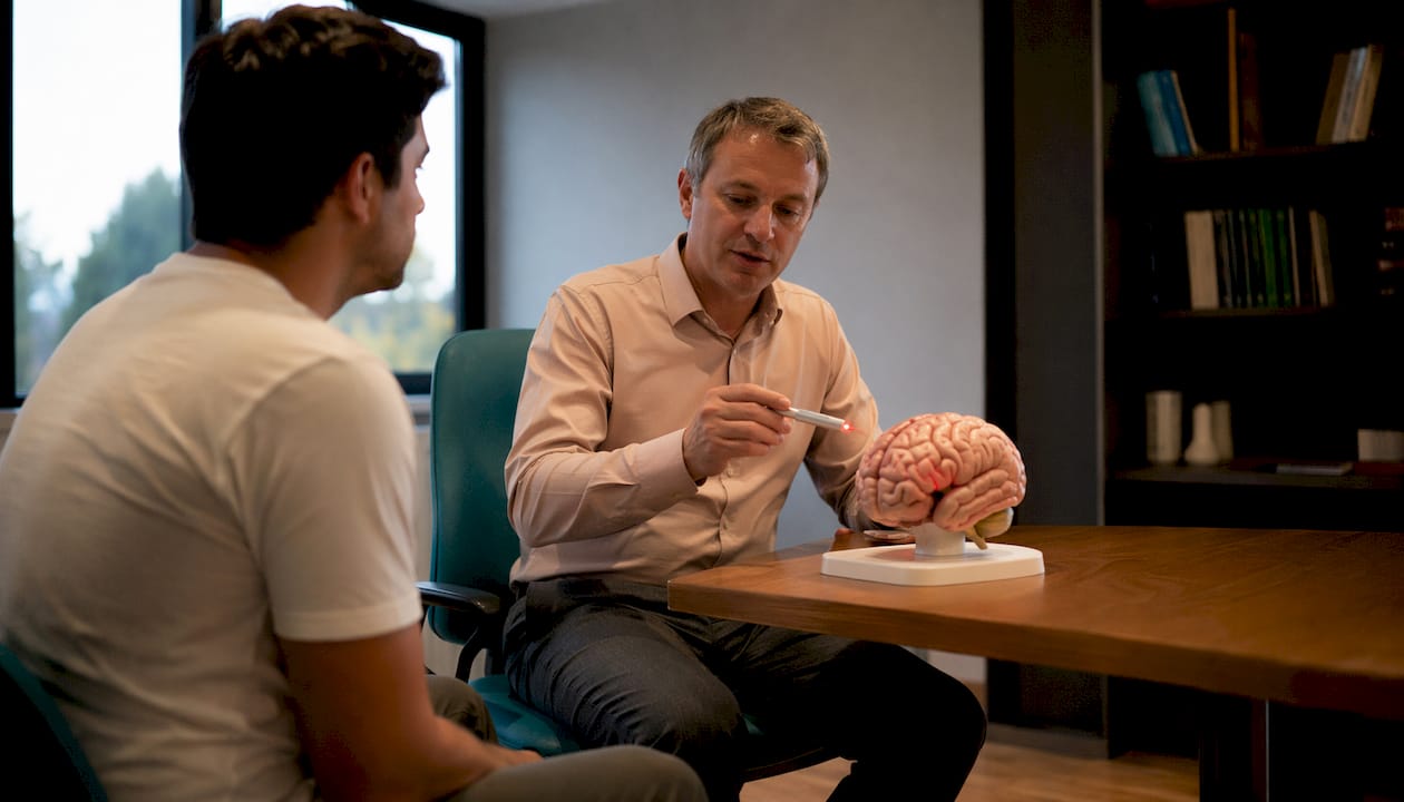 Un neurolog explică modul în care hormonii influențează funcționarea creierului, folosind un model anatomic pentru a ilustra procesele complexe care au loc în organism.