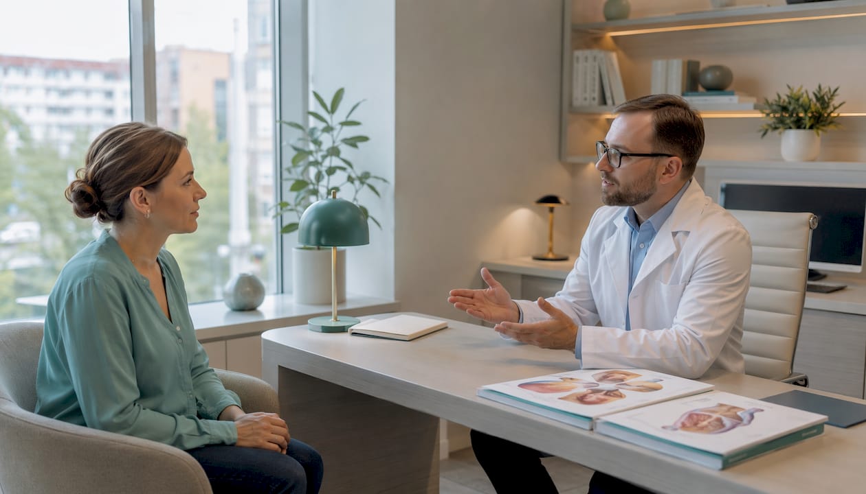 Medicul poartă o discuție cu pacientul despre problemele digestive pe care le are.