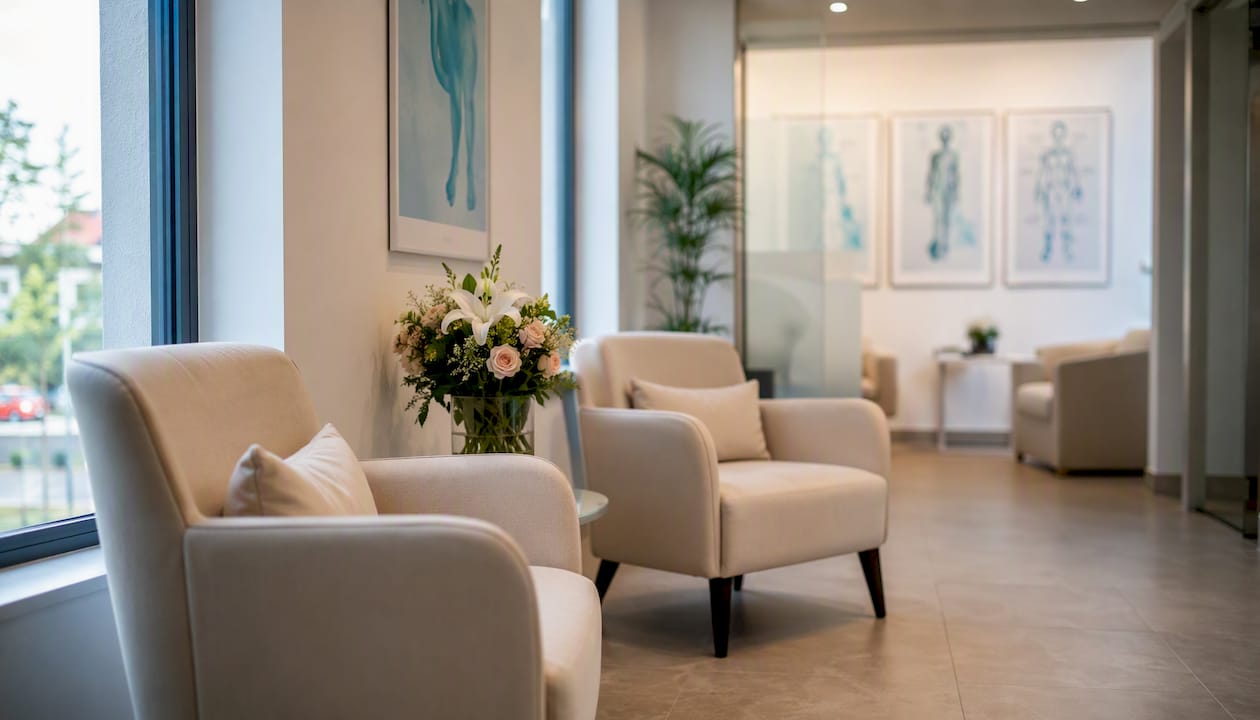 Sala de așteptare a clinicii medicale este curată și bine îngrijită.