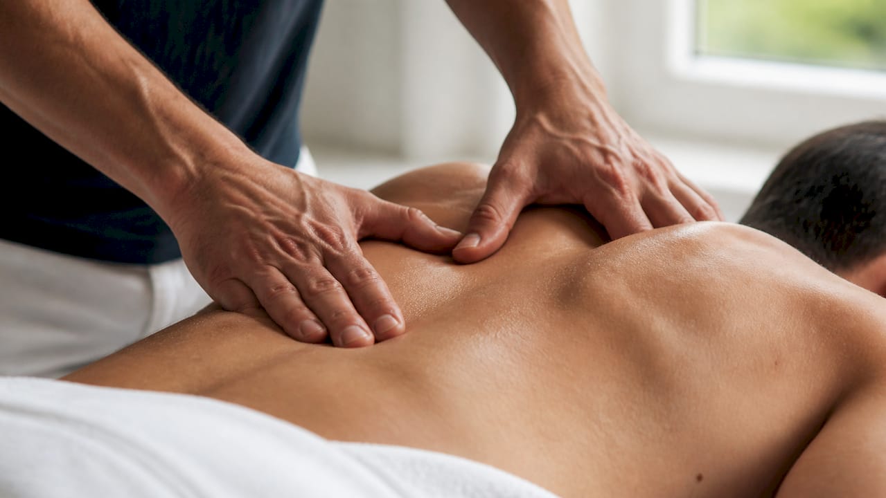 Mâinile maseurului surprinse în prim-plan, în timp ce oferă un masaj terapeutic pentru spate
