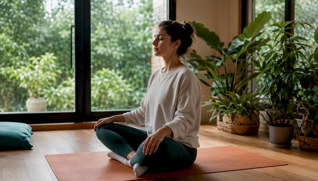 Femeie care practică meditația pentru a-și găsi liniștea interioară și a scăpa de stres