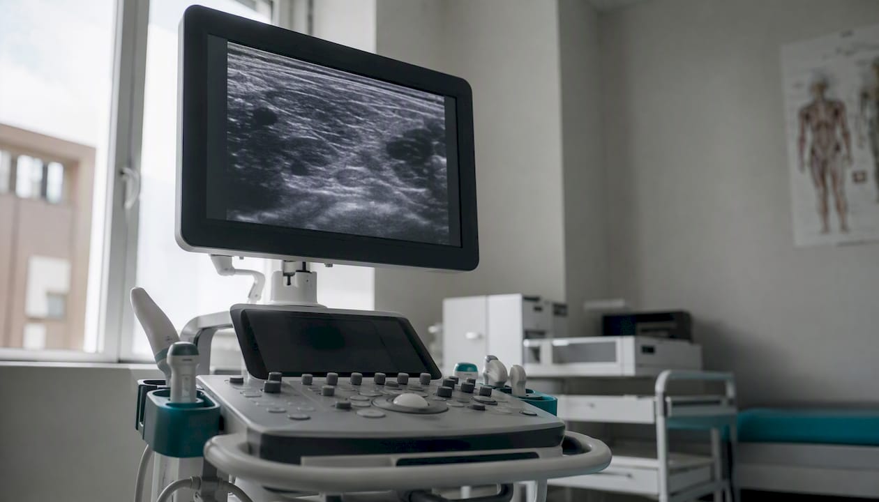 Aparat de ecografie tiroidiană, prezentând imaginea clinică caracteristică