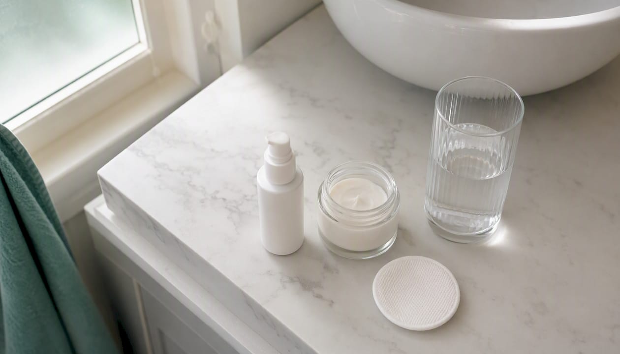 Produse de îngrijire minimalistă a tenului, așezate pe o suprafață de marmură albă
