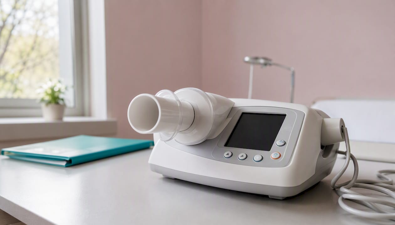 Detaliu cu un spirometru folosit pentru testarea funcției pulmonare