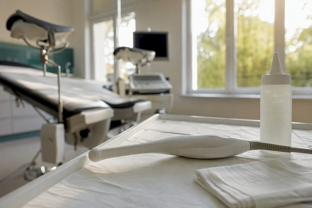 Sonda pentru ecografie transvaginală așezată pe o suprafață sterilă