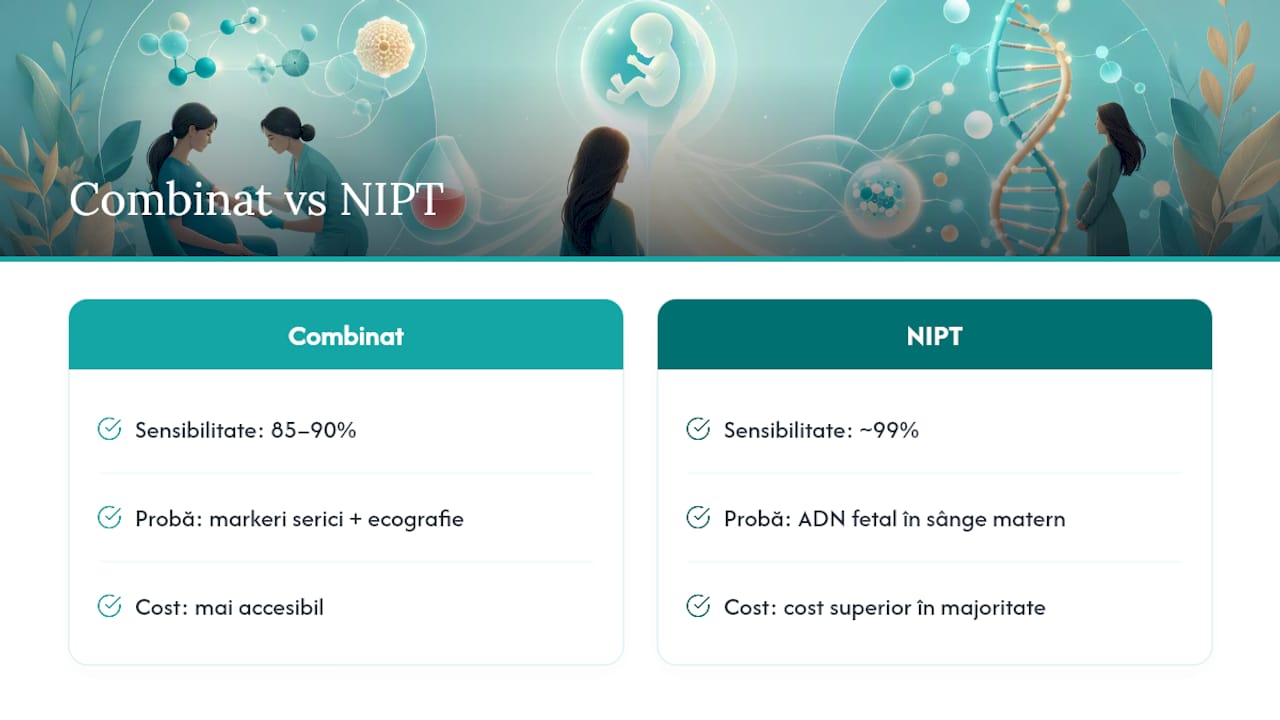 Diagramă comparativă a testelor de screening combinat și NIPT