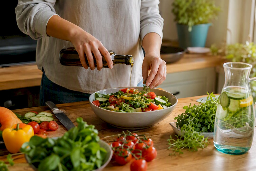 Mâini care pregătesc o salată sănătoasă