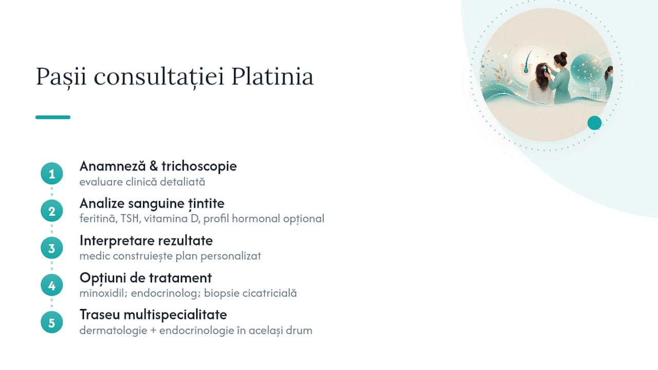 Cum se face o consultație pentru cădere a părului la Centrul Medical Platinia — overview diagram