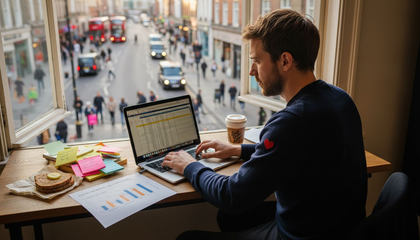 Man reviewing ad budgets at city desk