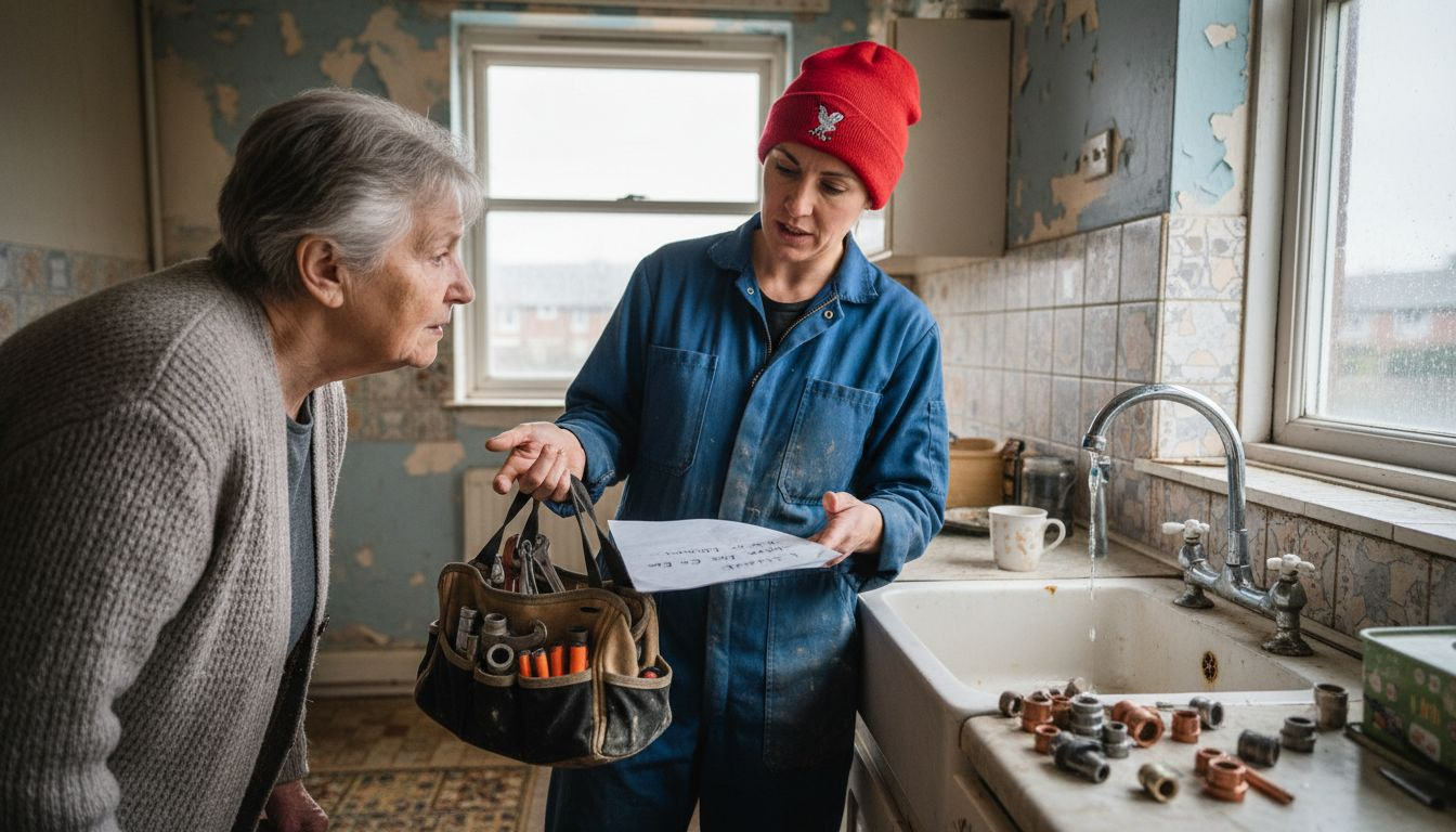 Plumber giving advice in Liverpool home