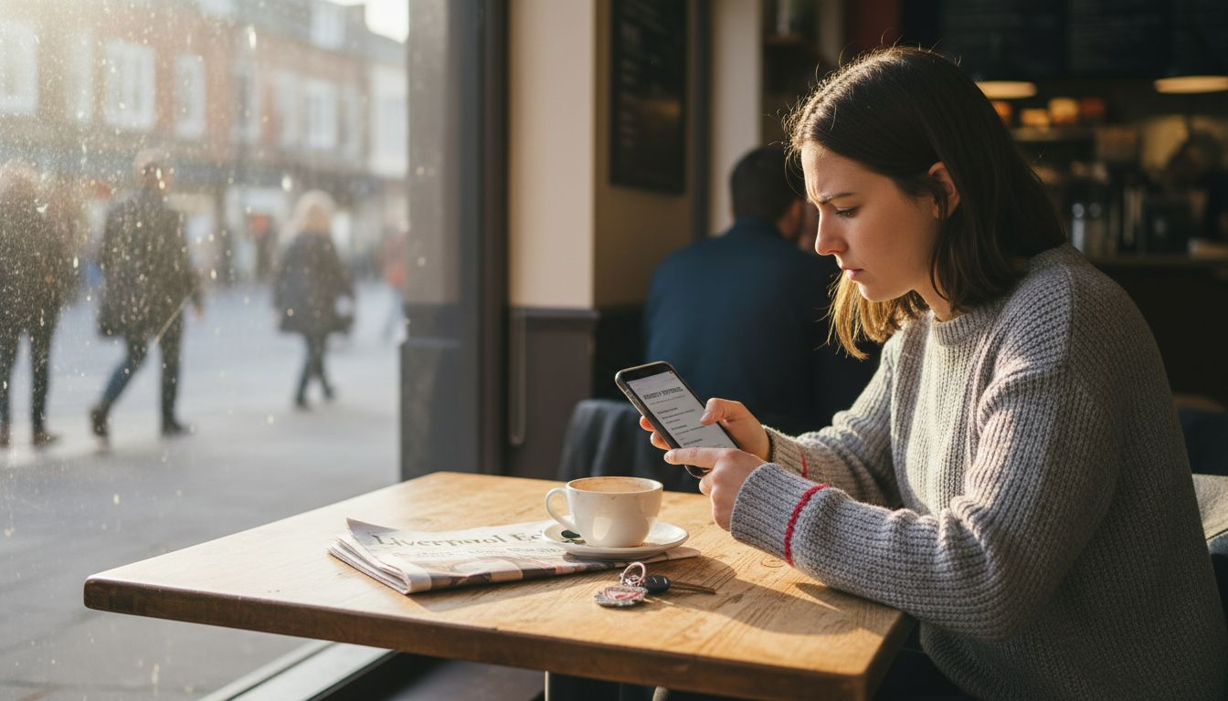 Woman uses smartphone at café, browsing website