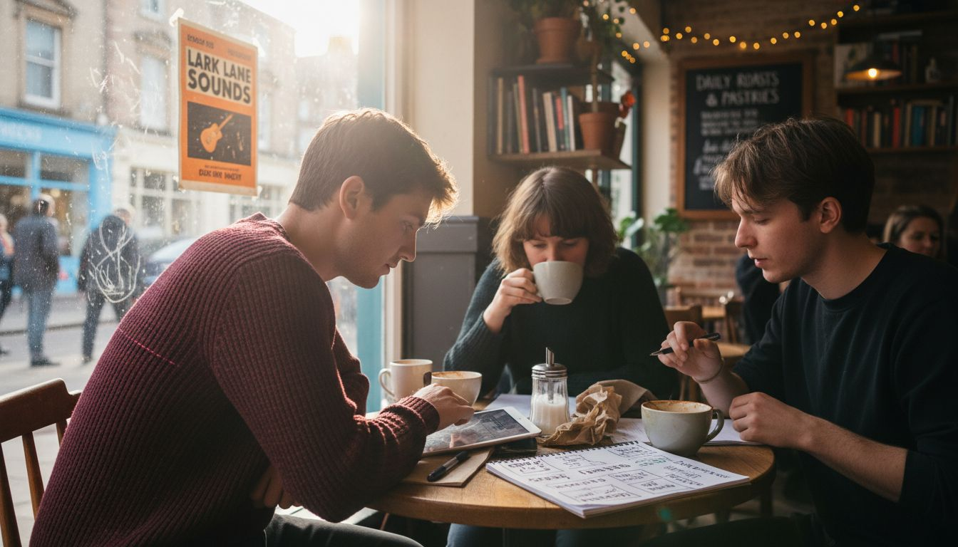 Team discusses content marketing at local cafe table