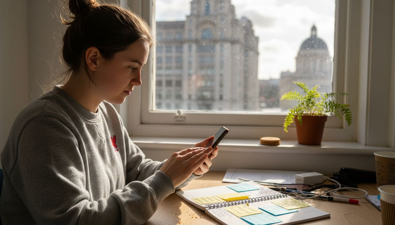 Woman editing social media post by window