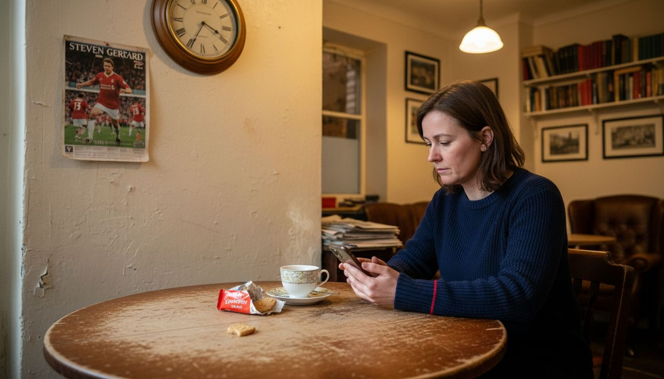 Business owner reading reviews in Liverpool cafe