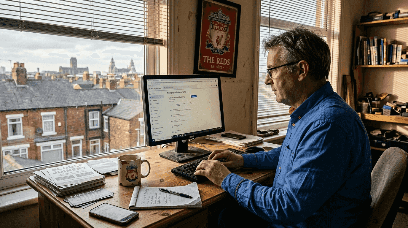 Business owner updating online profile in Liverpool