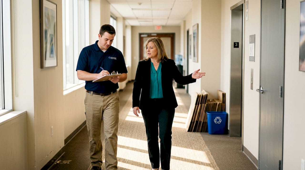 Supervisor and vendor on office walkthrough